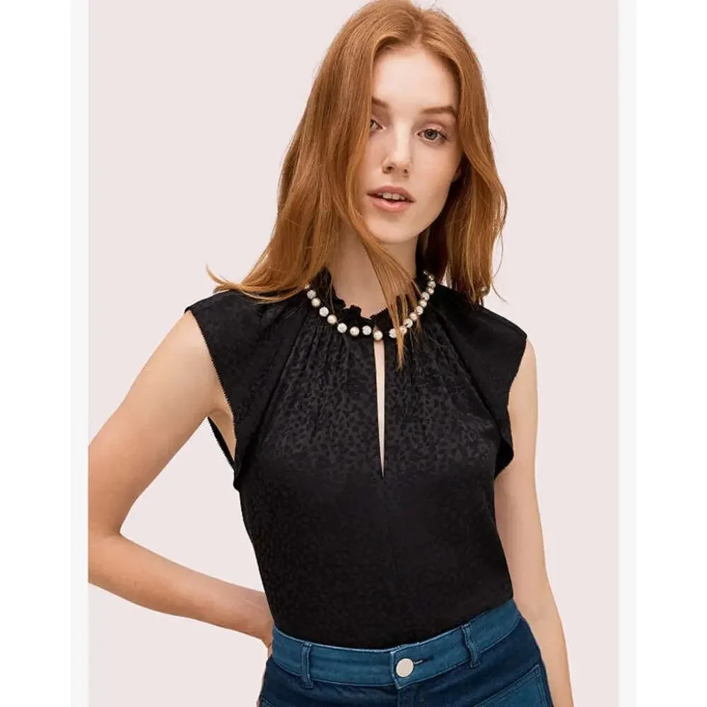 Kate Spade New York Black Sleeveless Blouse XS‎ Faux Pearl Neck